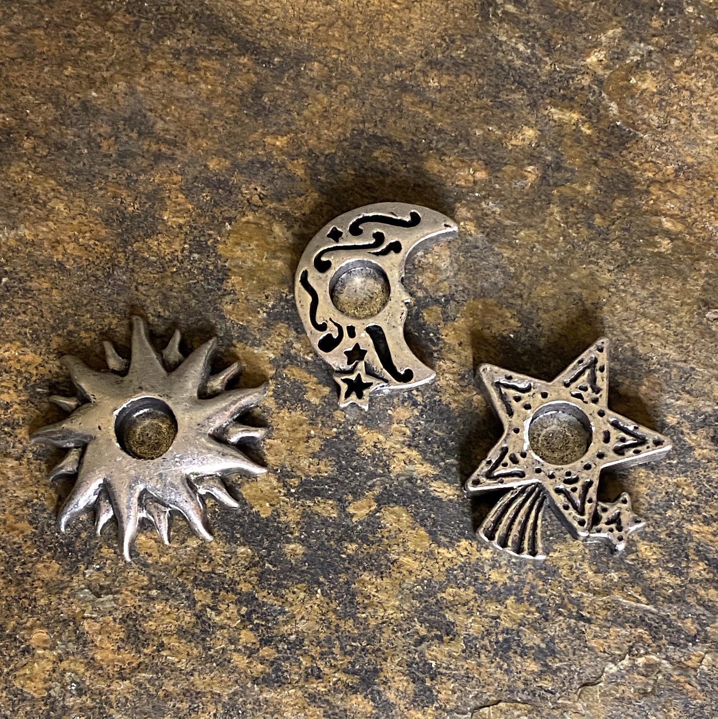 Sun, Crescent Moon & Shooting Star Antiqued Metal Mini Candle Holders 29164S