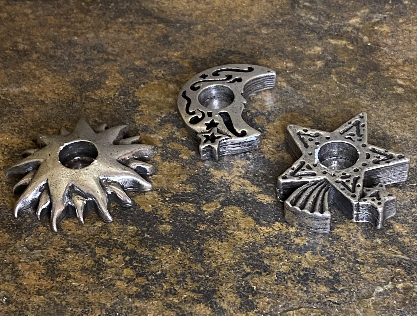 Sun, Crescent Moon & Shooting Star Antiqued Metal Mini Candle Holders 29164S