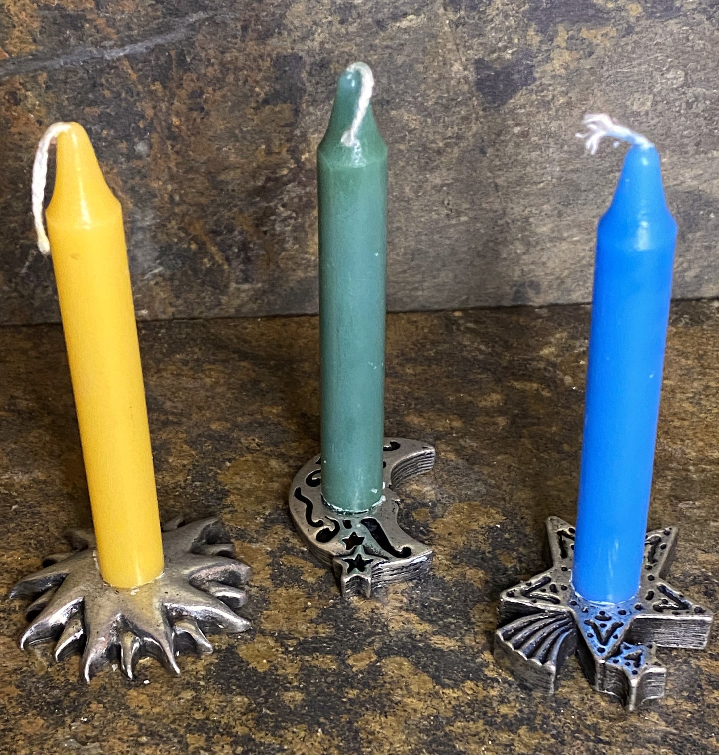 Sun, Crescent Moon & Shooting Star Antiqued Metal Mini Candle Holders 29164S
