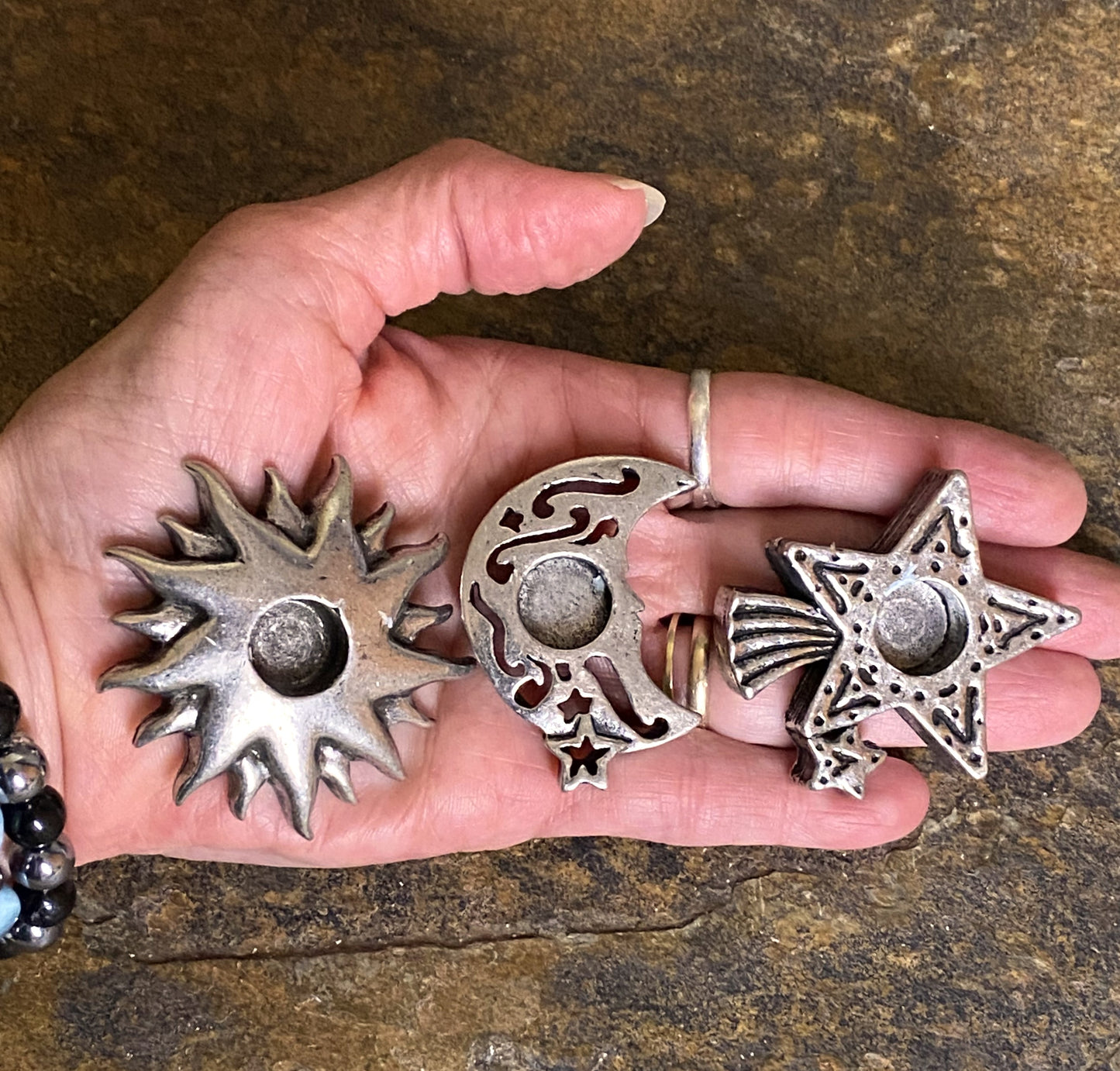 Sun, Crescent Moon & Shooting Star Antiqued Metal Mini Candle Holders 29164S