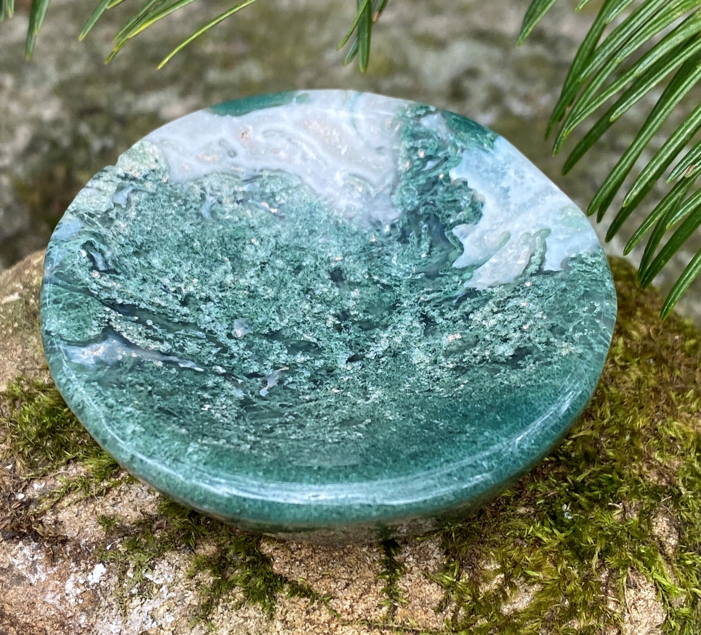 Moss Agate Offering Bowl Plate  Grounding Stability 28646S