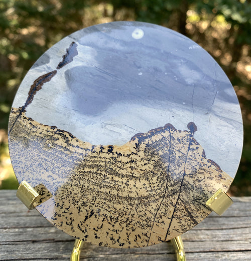 4" Picture Jasper Polished Round Plate Slab with Metal Stand | Brazil