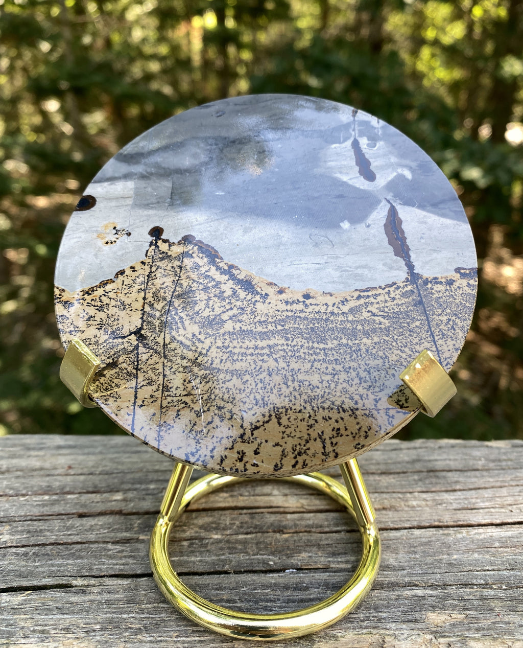 4" Picture Jasper Polished Round Plate Slab with Metal Stand | Brazil