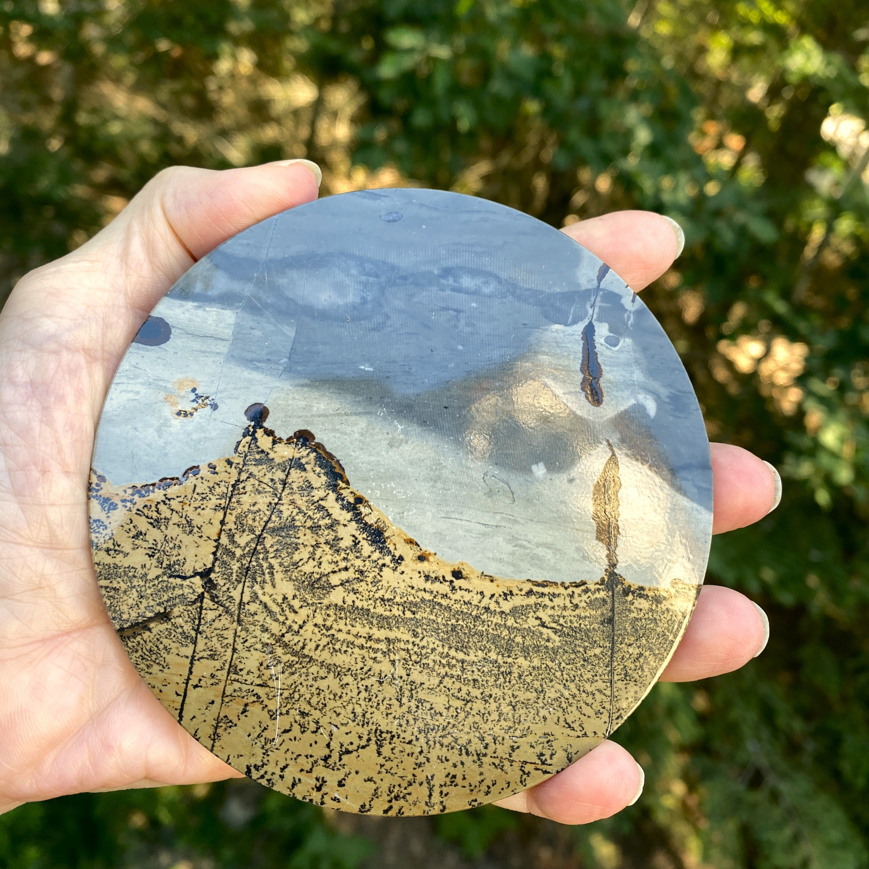 4" Picture Jasper Polished Round Plate Slab with Metal Stand | Brazil