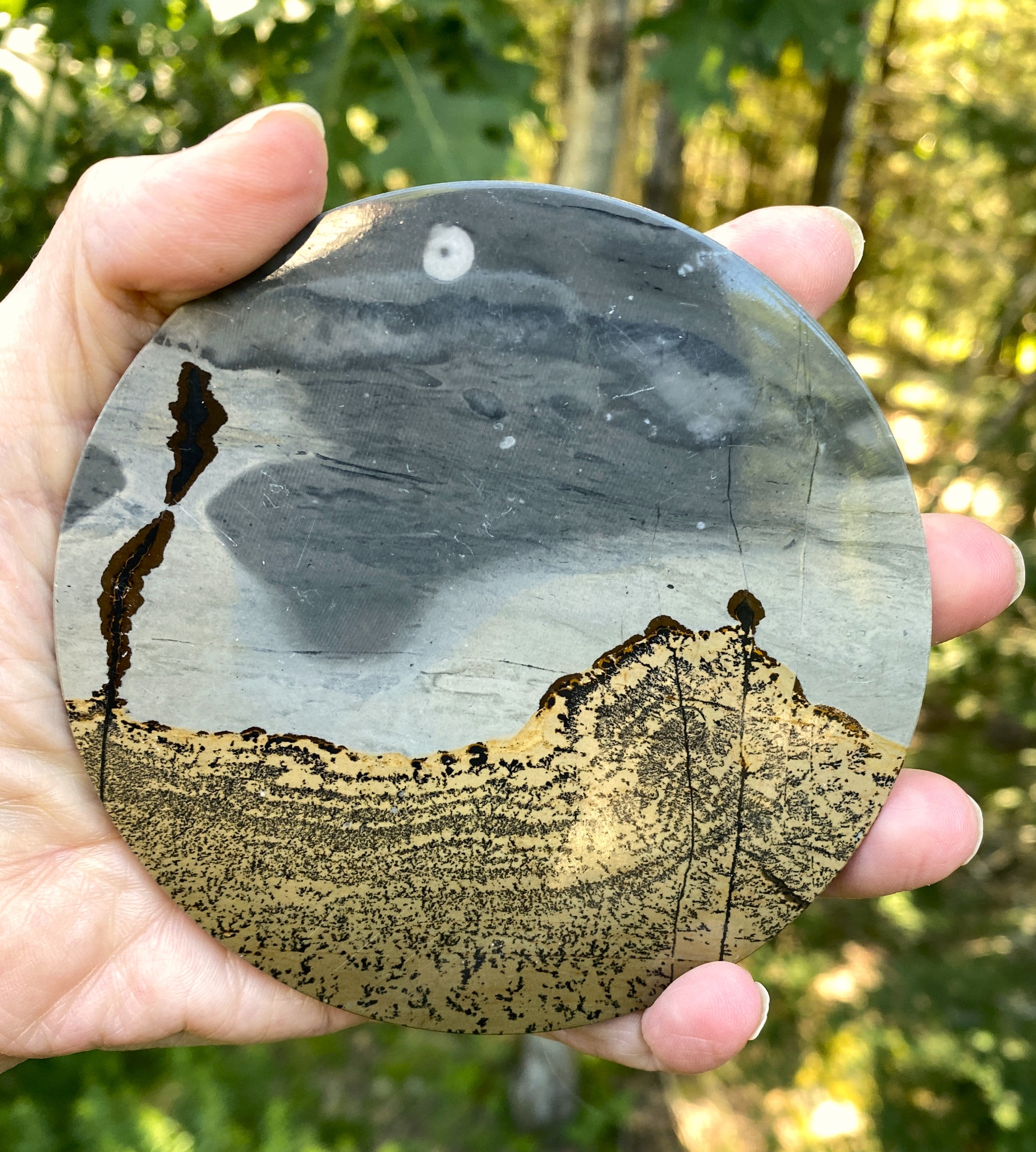 4" Picture Jasper Polished Round Plate Slab with Metal Stand | Brazil