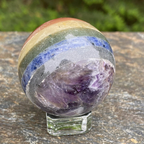 7 Stone Chakra Sphere  Glass Stand Gemstone Crystal India 30356S