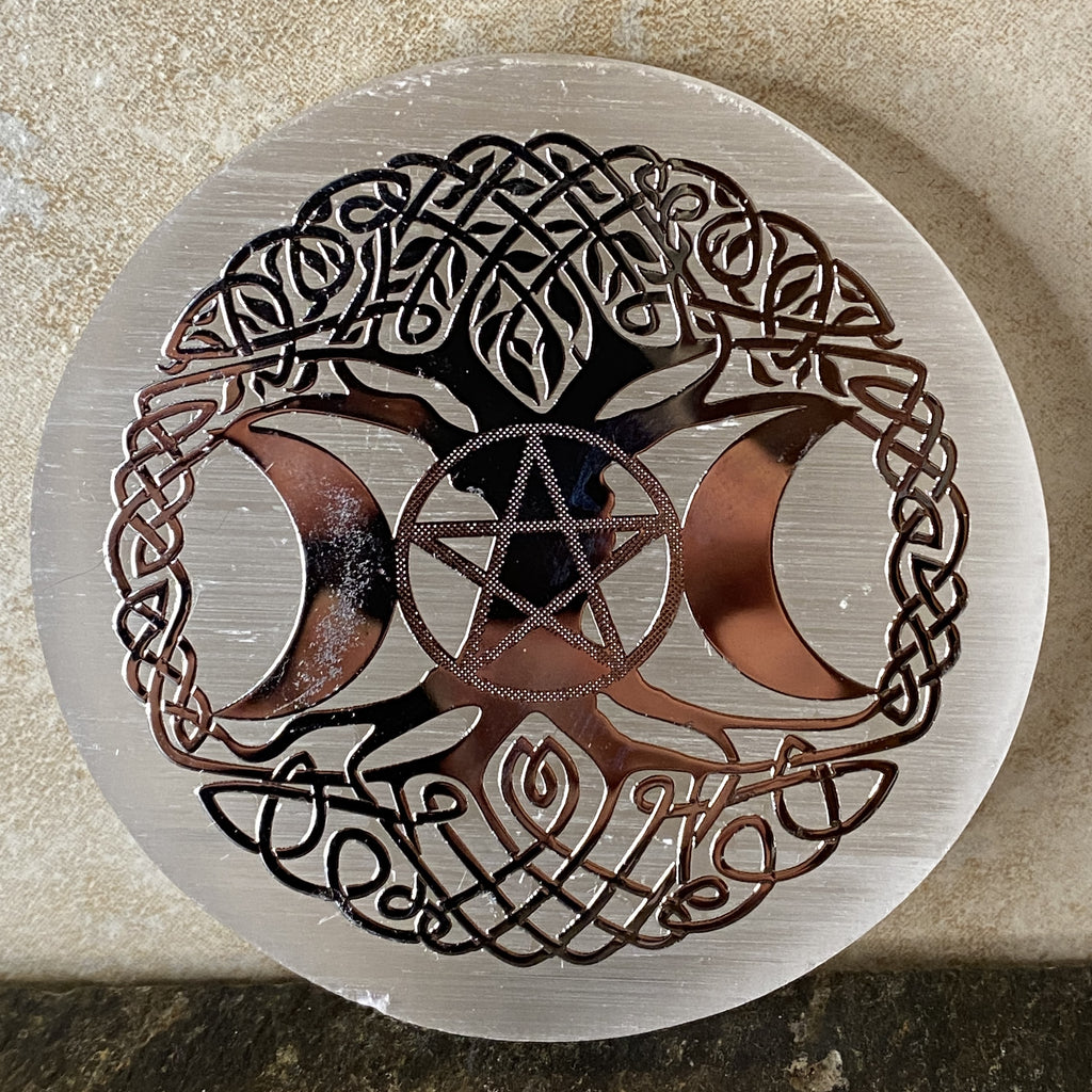 Selenite Charging Plate Triple Moon & Tree of Life Healing Protection 31079ETS