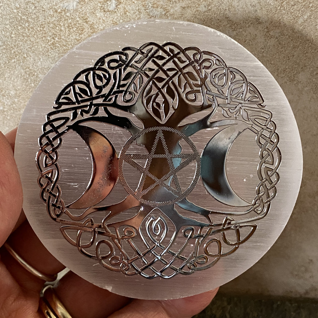 Selenite Charging Plate Triple Moon & Tree of Life Healing Protection 31079ETS