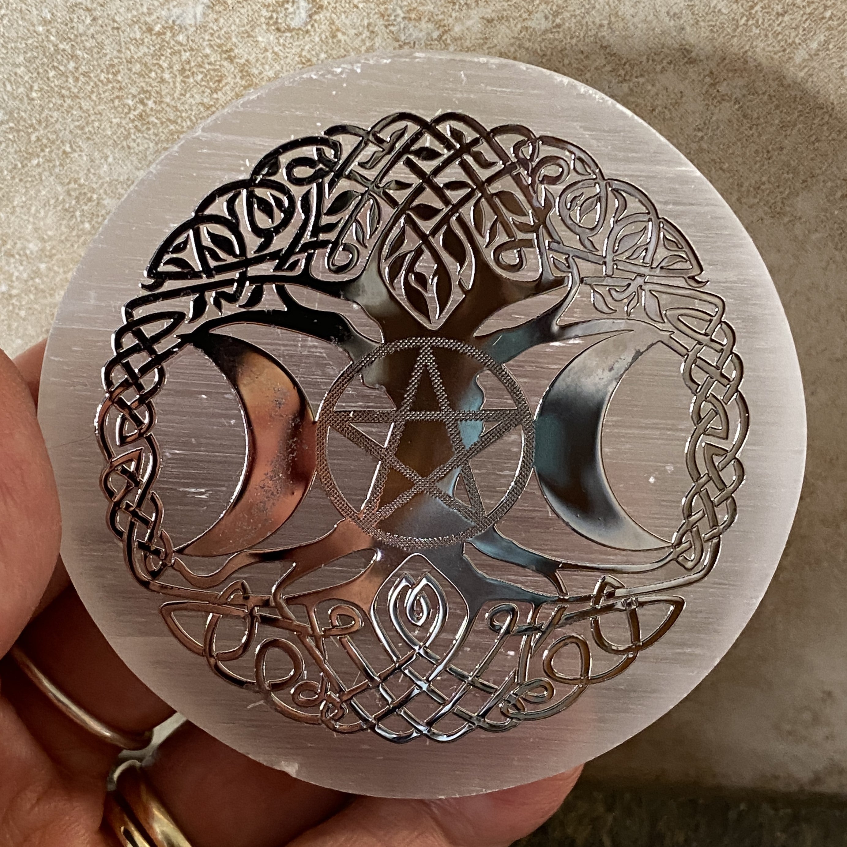 Selenite Charging Plate Triple Moon & Tree of Life Healing Protection 31079ETS