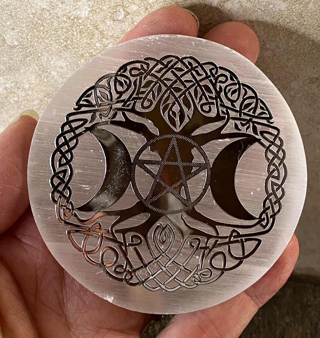 Selenite Charging Plate Triple Moon & Tree of Life Healing Protection 31079ETS