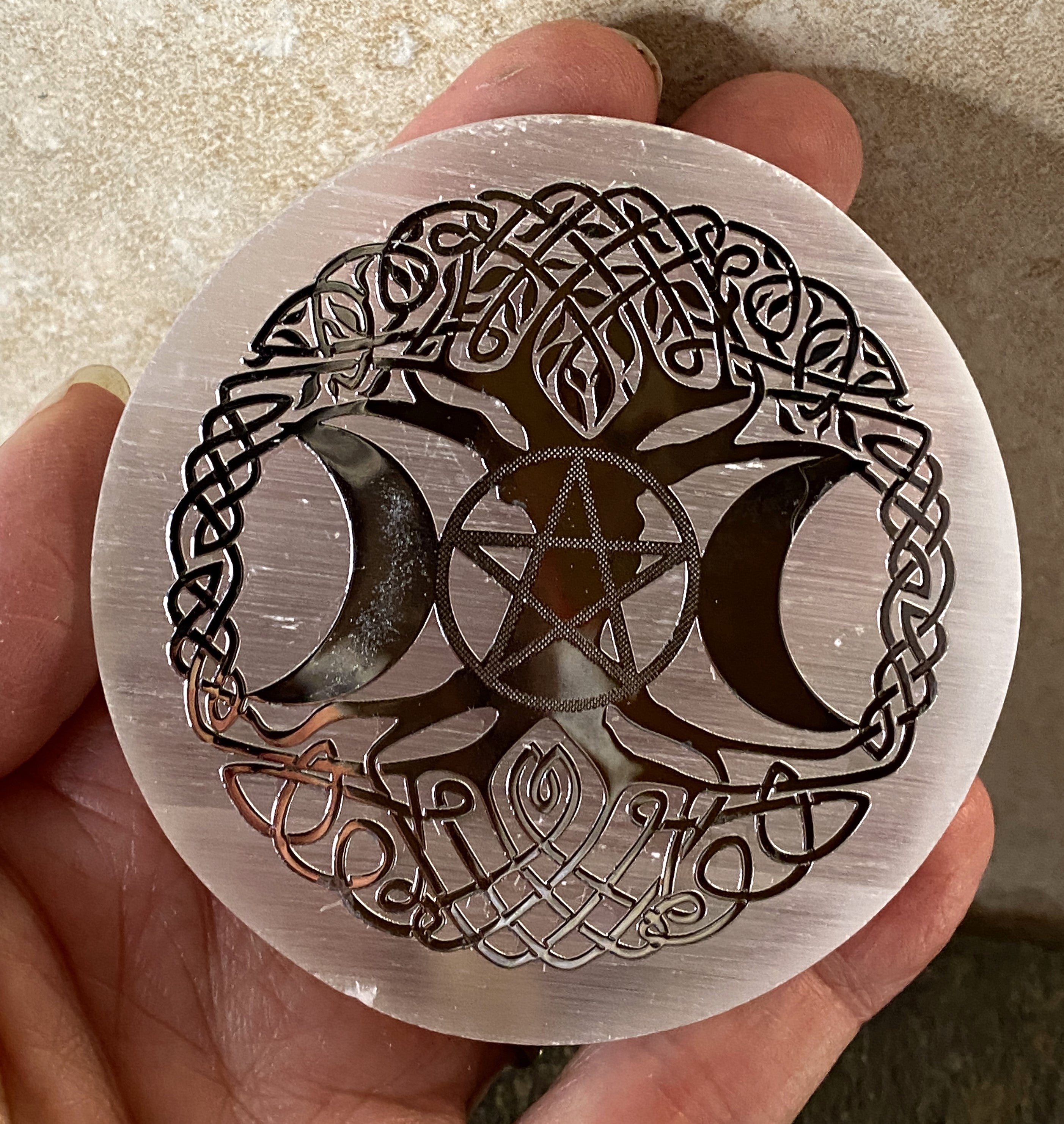 Selenite Charging Plate Triple Moon & Tree of Life Healing Protection 31079ETS