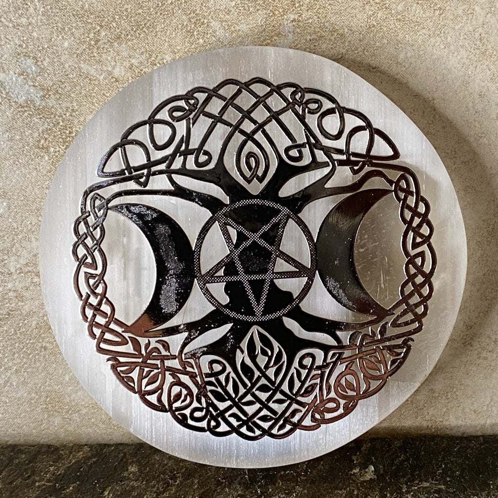 Selenite Charging Plate Triple Moon & Tree of Life Healing Protection 31080ETS