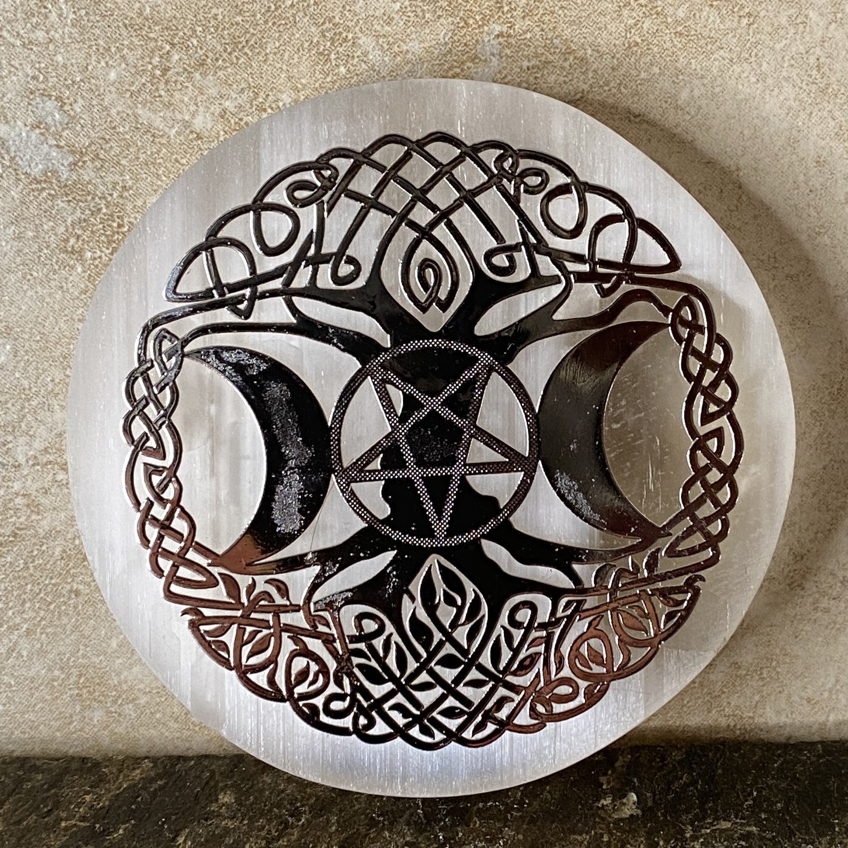 Selenite Charging Plate Triple Moon & Tree of Life Healing Protection 31080ETS