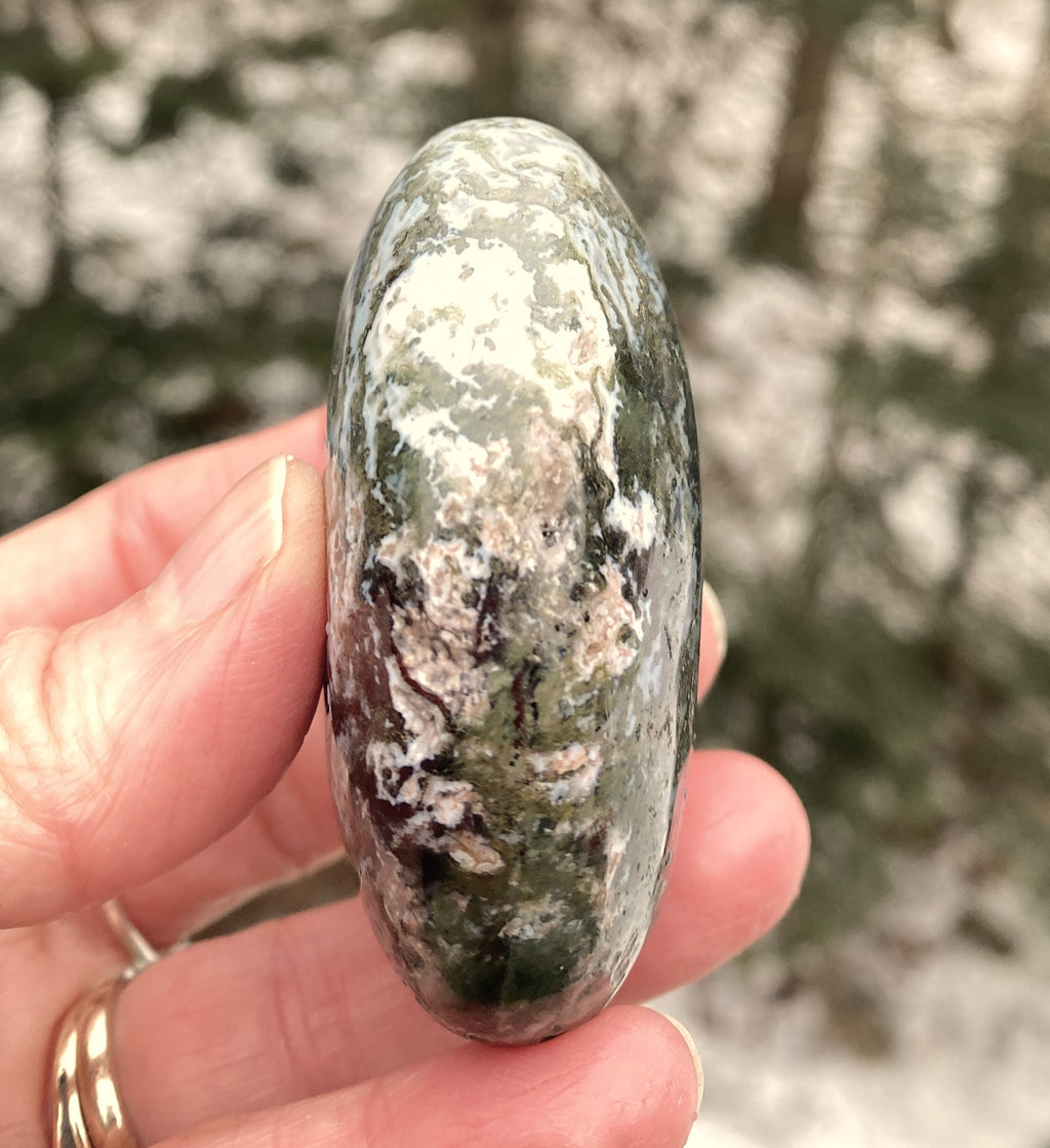 Moss Agate w/ Rare Red Agate  Palm Stone  Grounding Stability 31204S