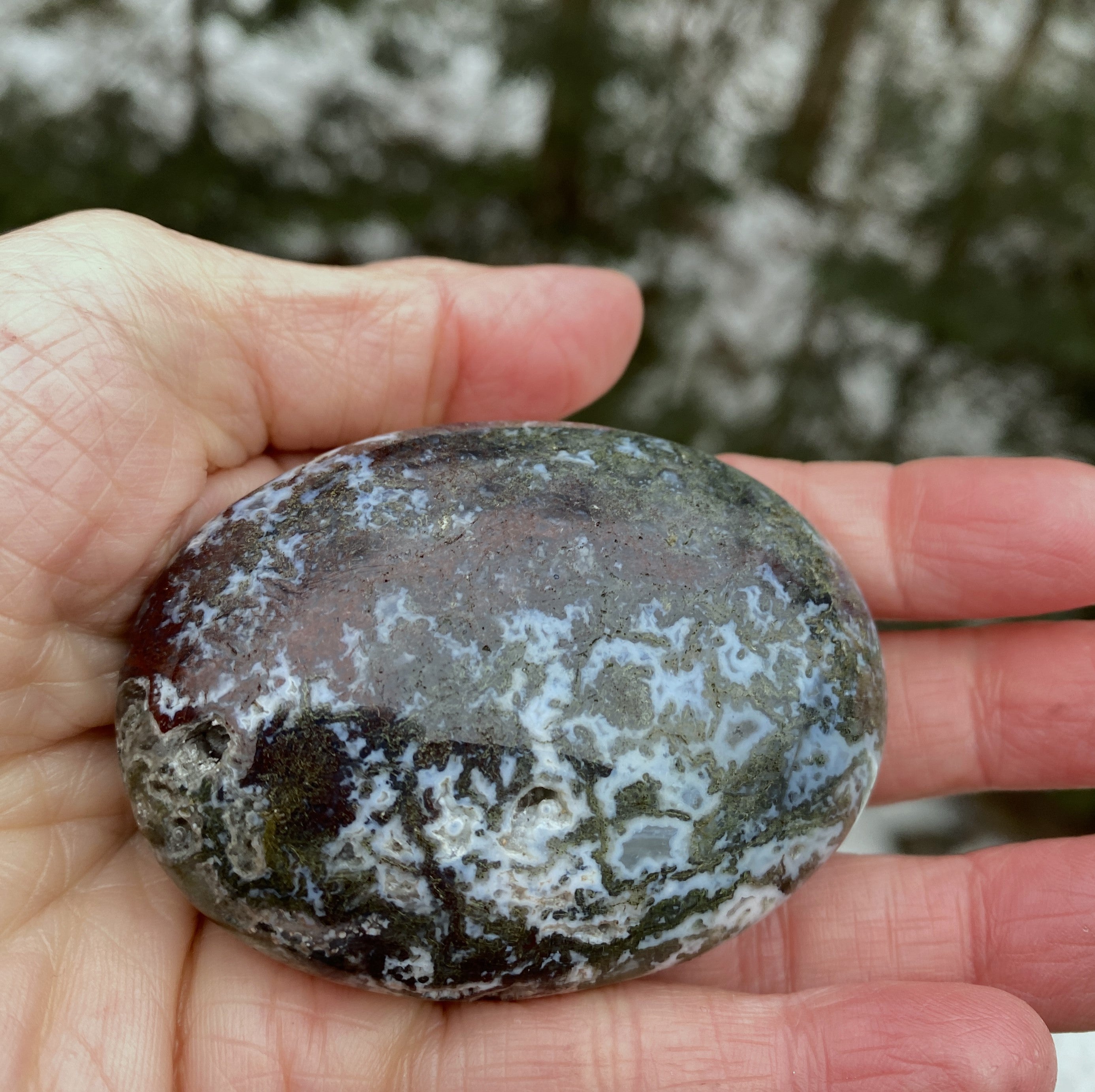 Moss Agate w/ Rare Red Agate  Palm Stone  Grounding Stability 31204S