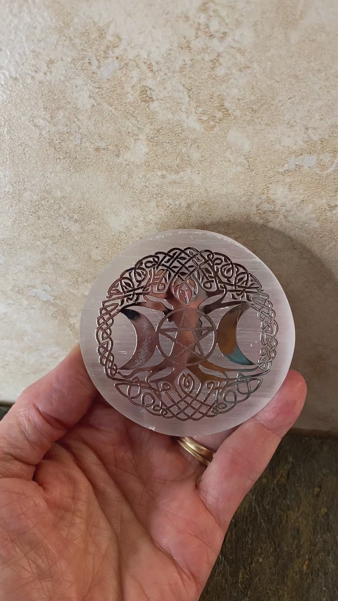 Selenite Charging Plate Triple Moon & Tree of Life Healing Protection 31079ETS
