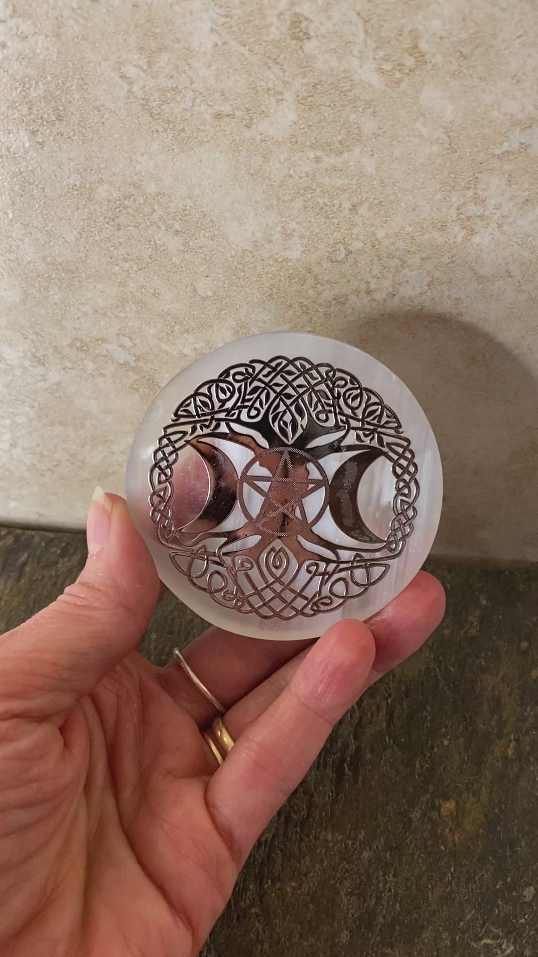 Selenite Charging Plate Triple Moon & Tree of Life Healing Protection 31080ETS